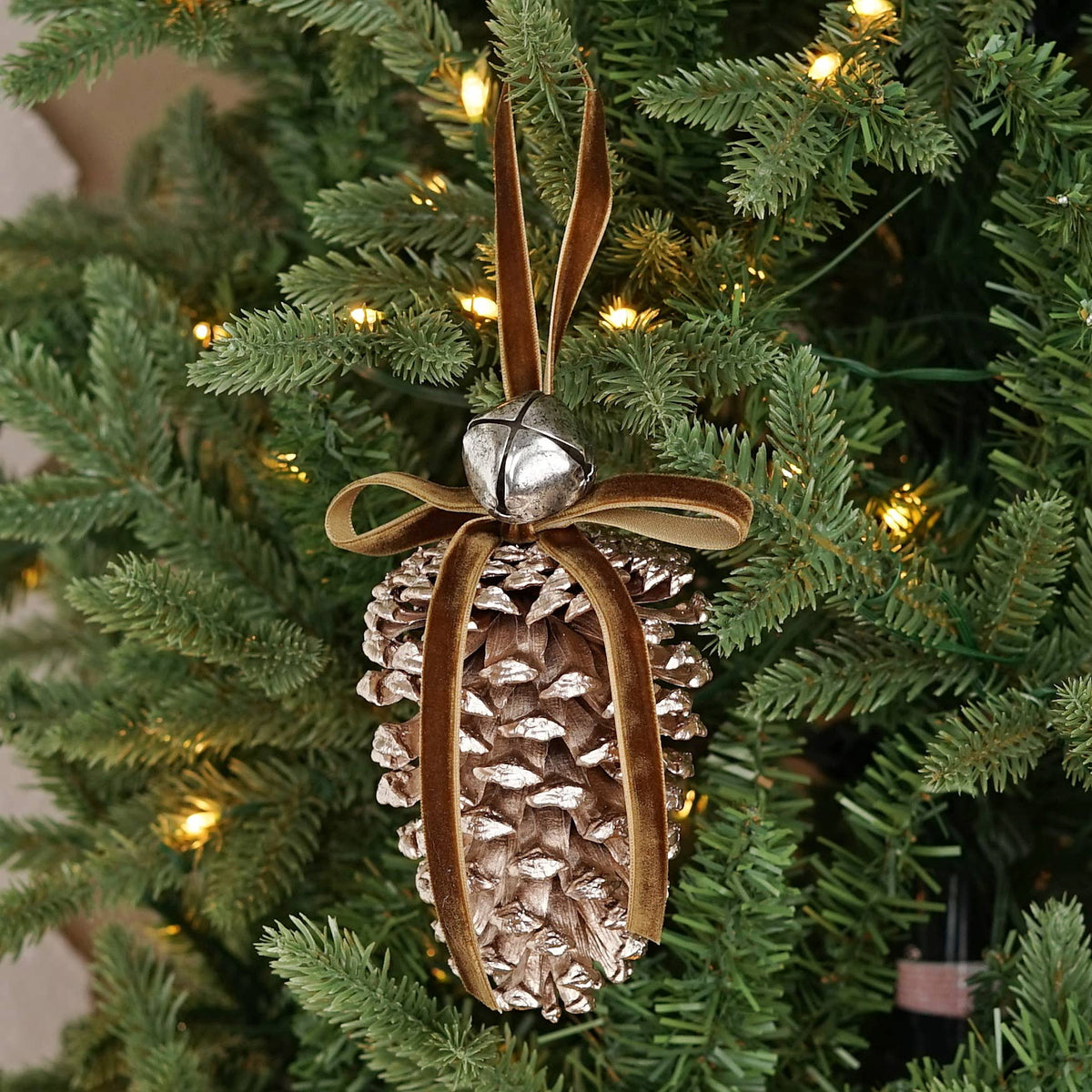 Champagne Pinecone with Brown Ribbon Ornament, Feathered Farmhouse