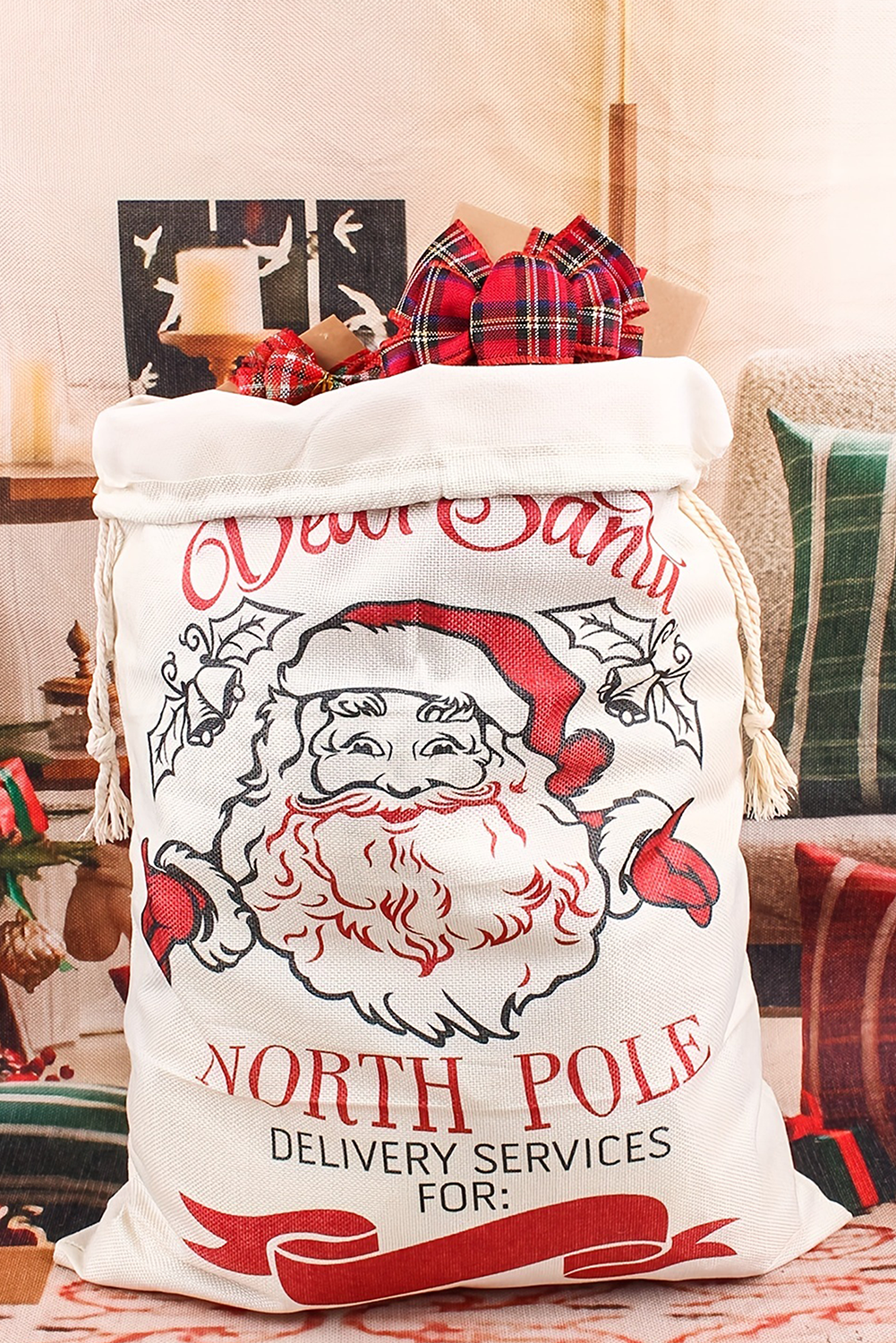 Santa Clause Closure Canvas Christmas Gift Bag, Feathered Farmhouse
