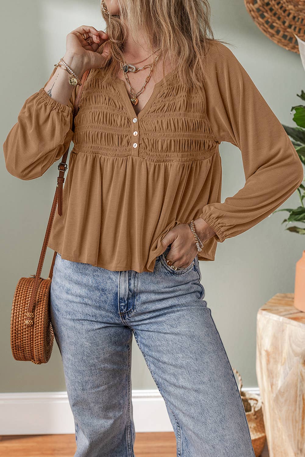 Smocked Bust Buttoned Split V Neck Flow Fit Blouse, Feathered Farmhouse