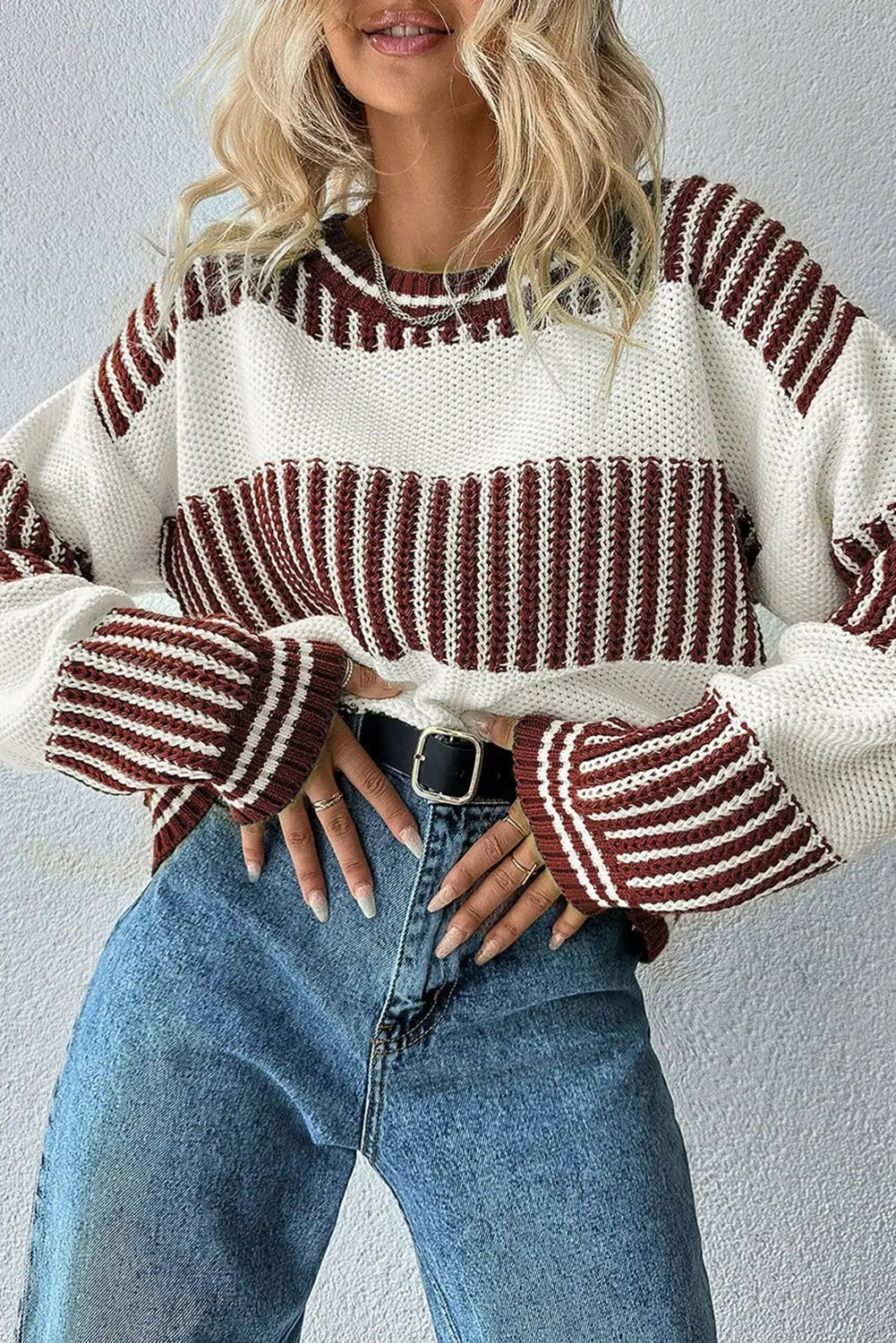 Brown Striped Sweater, Feathered Farmhouse