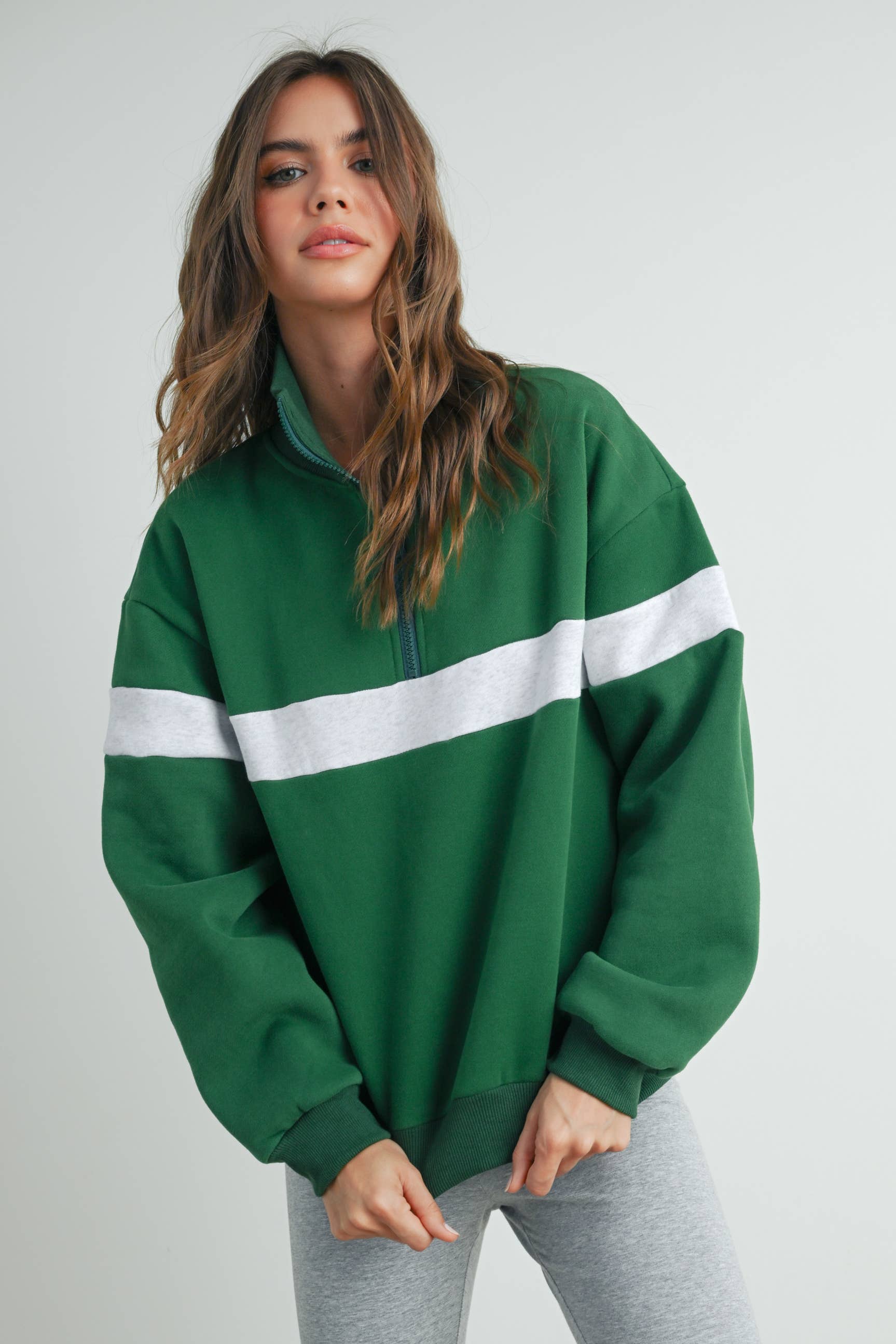 Two-Toned Half Zip Collar Sweatshirt, Feathered Farmhouse