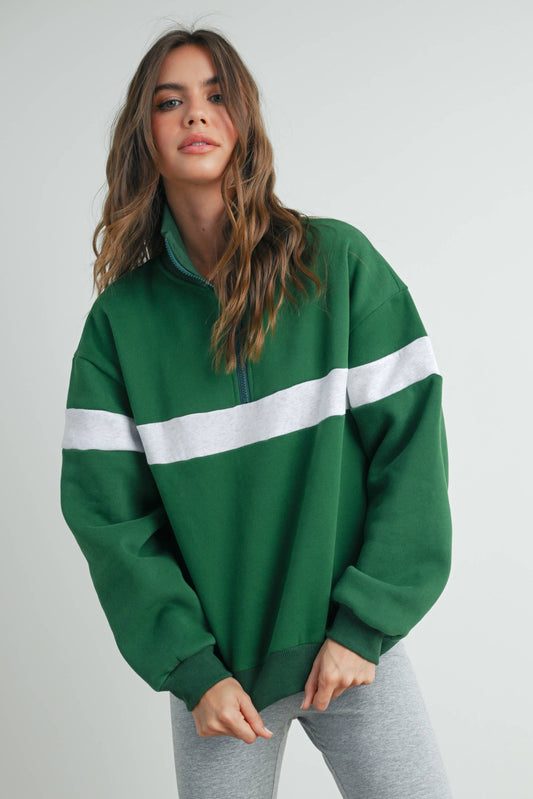 Two-Toned Half Zip Collar Sweatshirt, Feathered Farmhouse