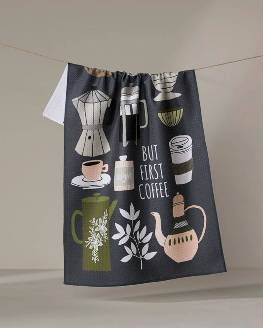 But First, Coffee Tea Towel, Feathered Farmhouse