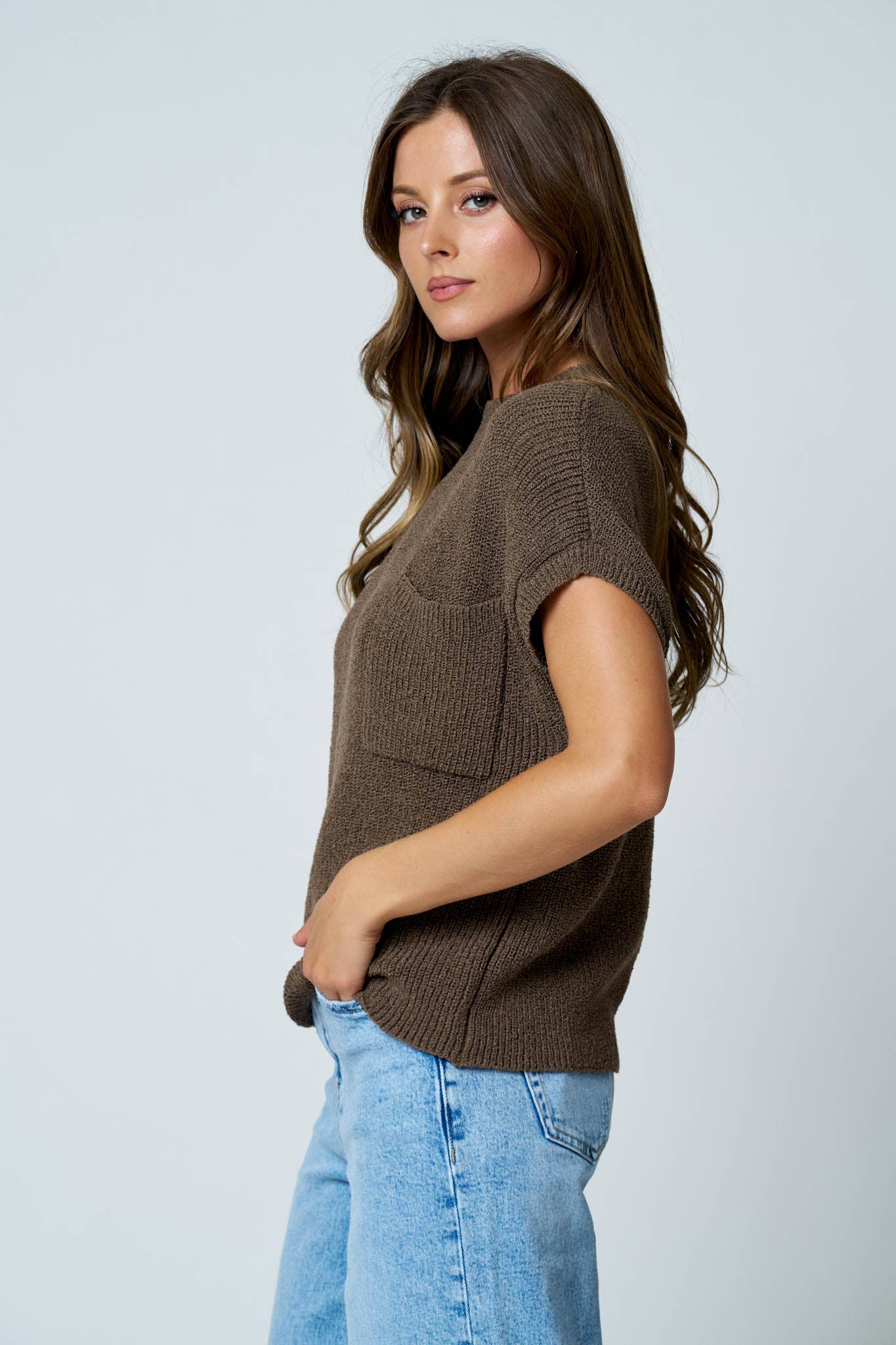 Pocket Detail Drop Shoulder Short Sleeve Sweater, Feathered Farmhouse
