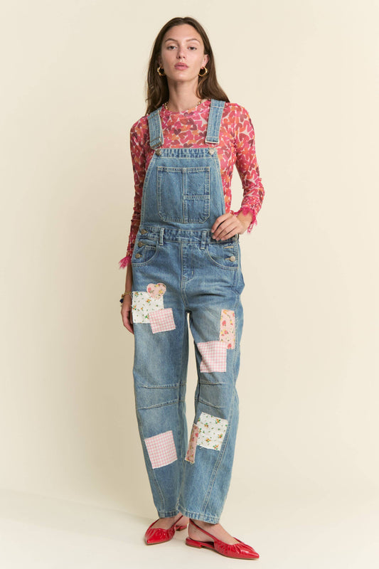 Denim Wash Patchwork Overalls, Feathered Farmhouse