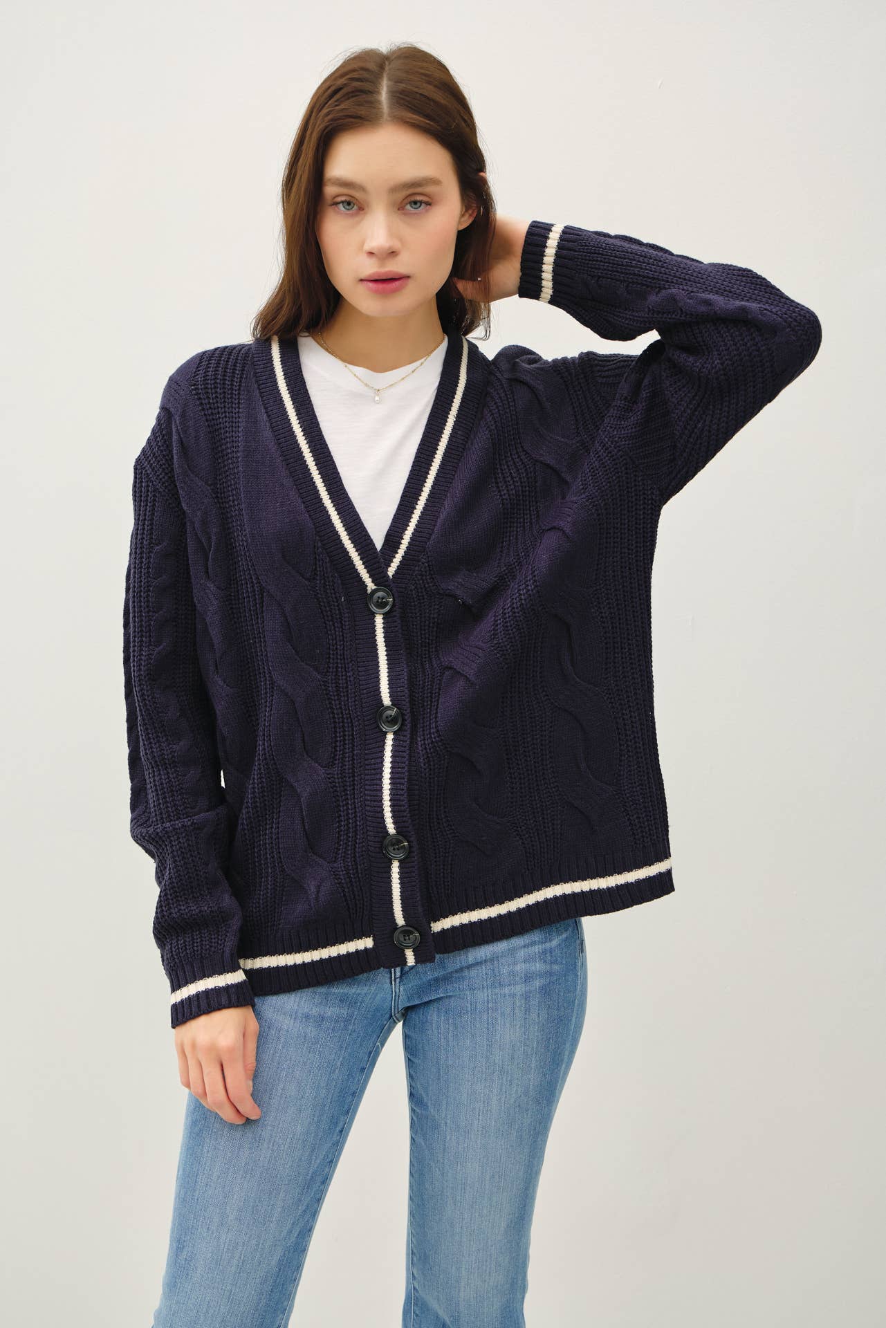 Varsity Style Cardigan, Feathered Farmhouse