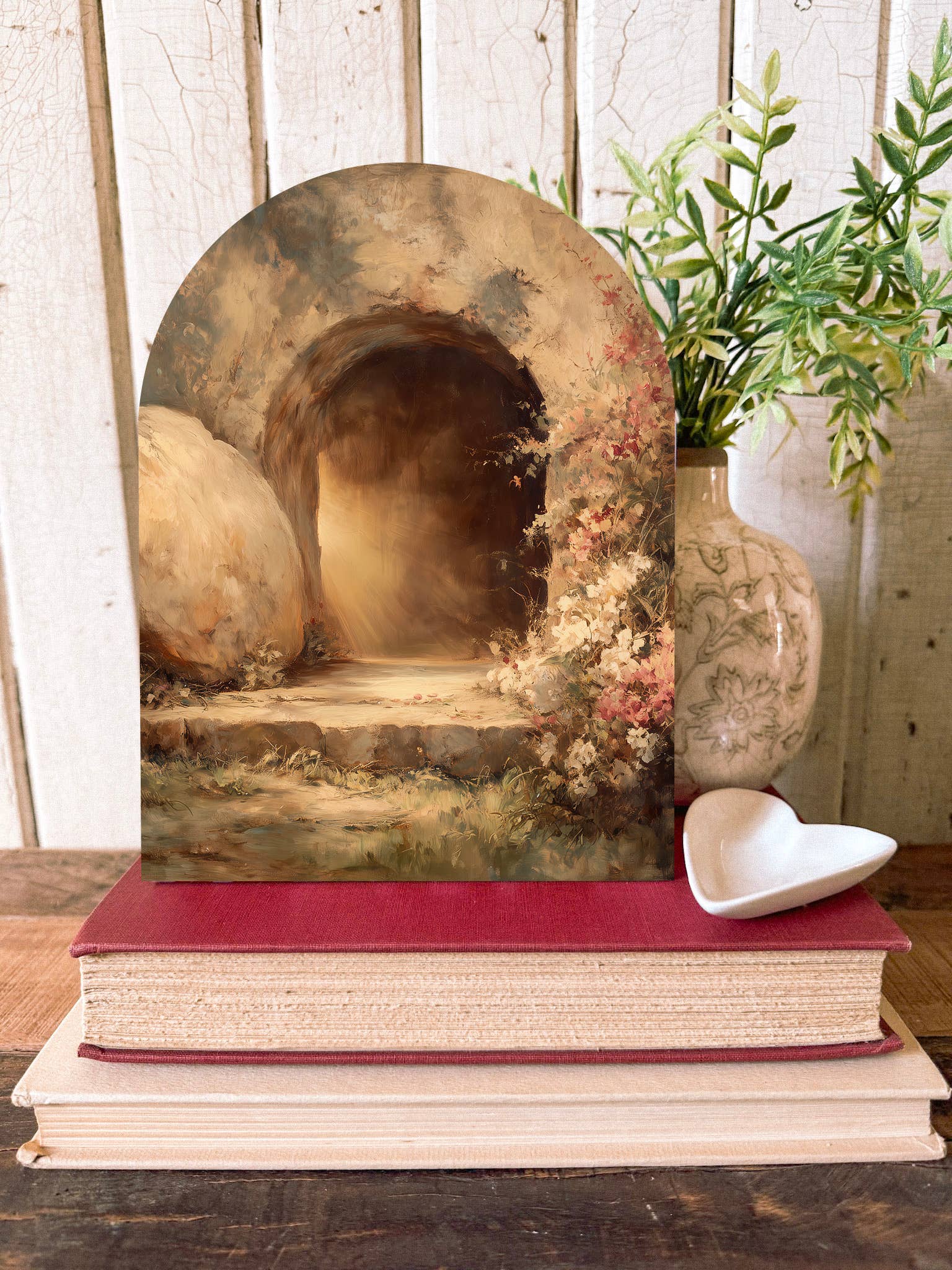 Jesus Tomb Arched Wood Sign Shelf Sitter, Feathered Farmhouse