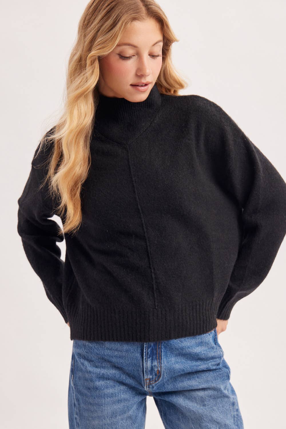 Kaya Mock Neck Basic Knit Sweater, Feathered Farmhouse