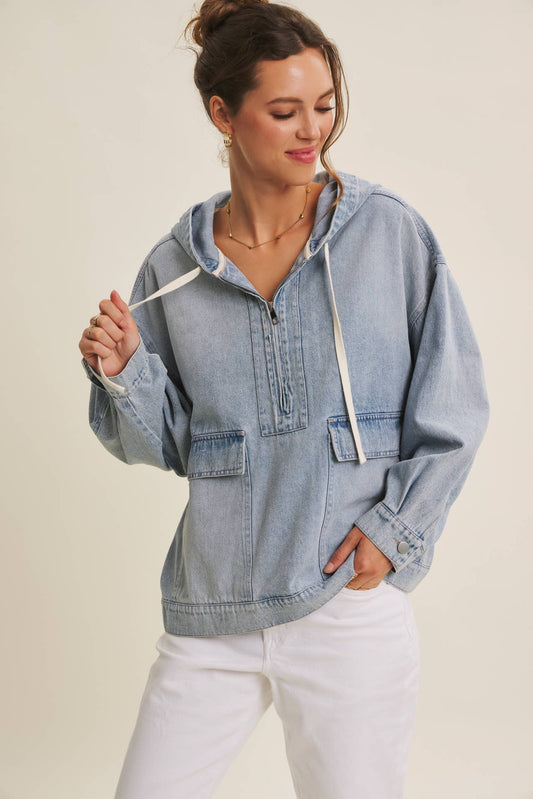 Mineral-Washed Denim Hooded Pullover, Feathered Farmhouse