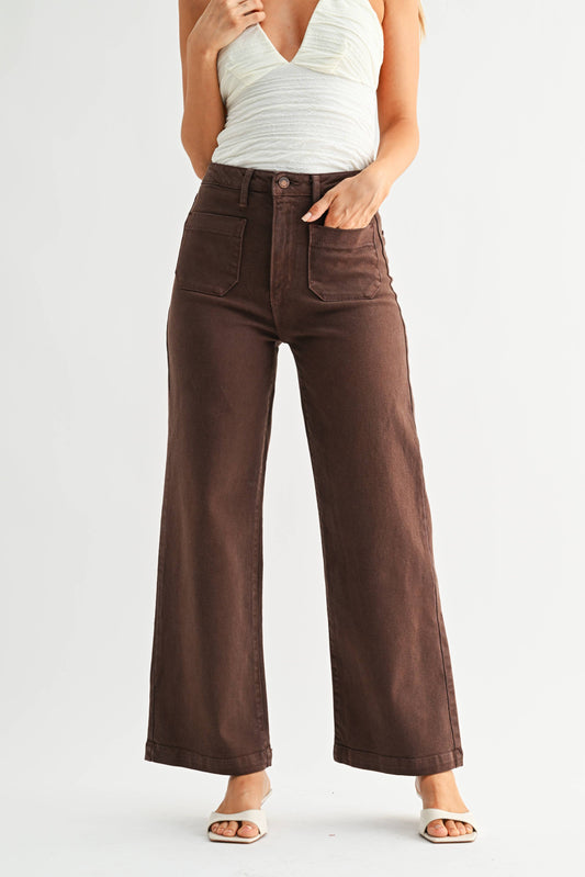 Dark Brown Patch Pocket Wide Leg, Feathered Farmhouse