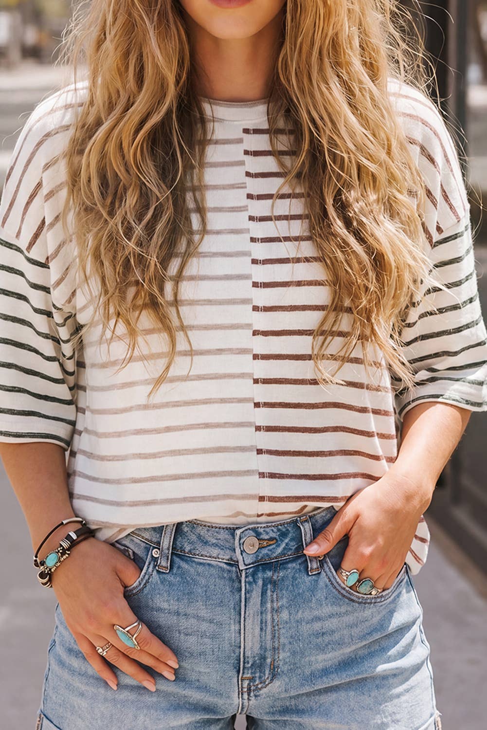 Stripe Colorblock Sleeve Loose Shirt, Feathered Farmhouse