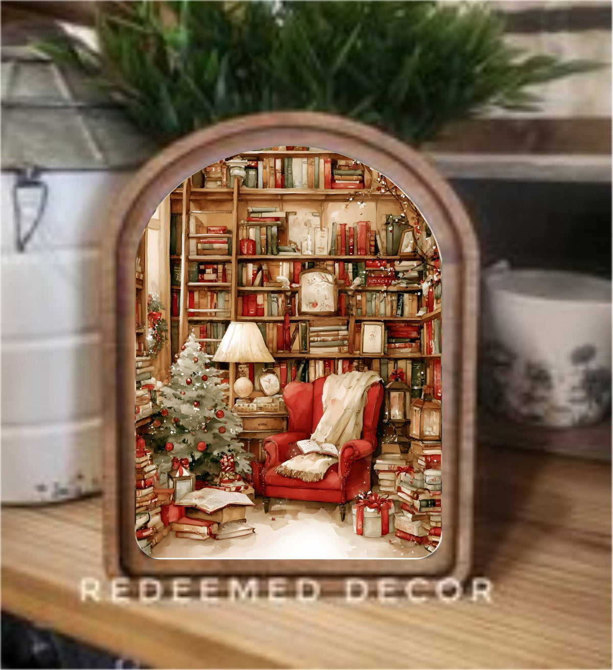 Cozy Christmas Reading Nook Framed Arch Top, Feathered Farmhouse