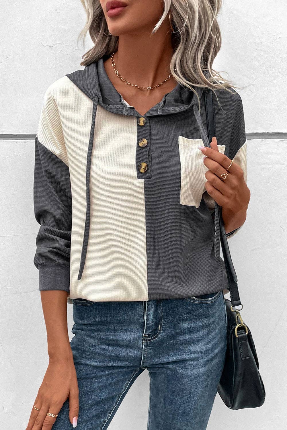 Colorblock Waffle Buttoned Hoodie, Feathered Farmhouse