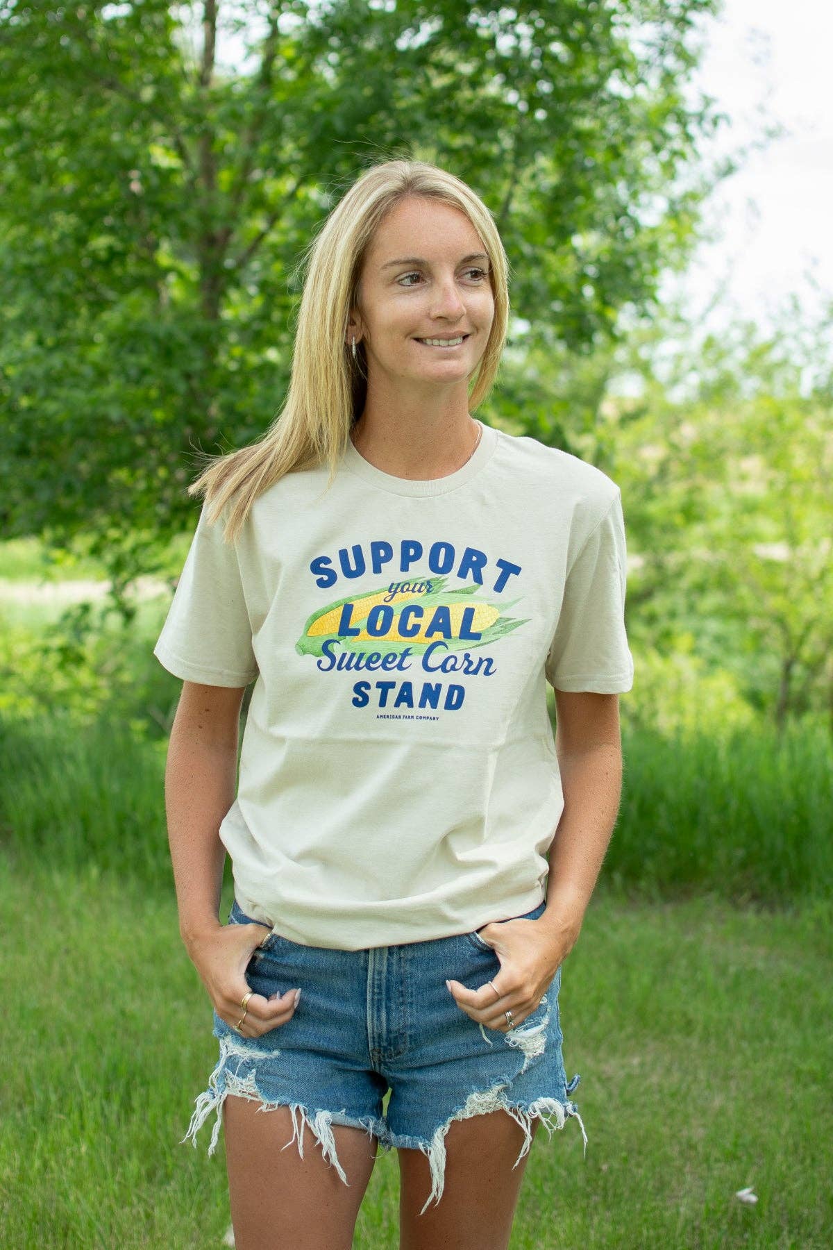 Summer 'Support Your Local Sweet Corn Stand' Tan Graphic Tee, Feathered Farmhouse