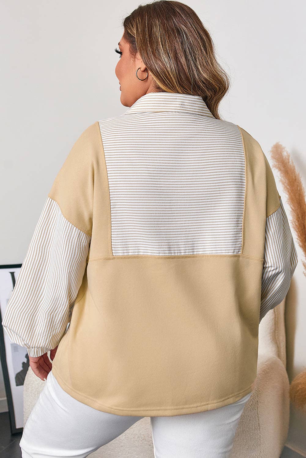 Plus Size Stripe Patchwork Half-Zip Sweatshirt, Feathered Farmhouse