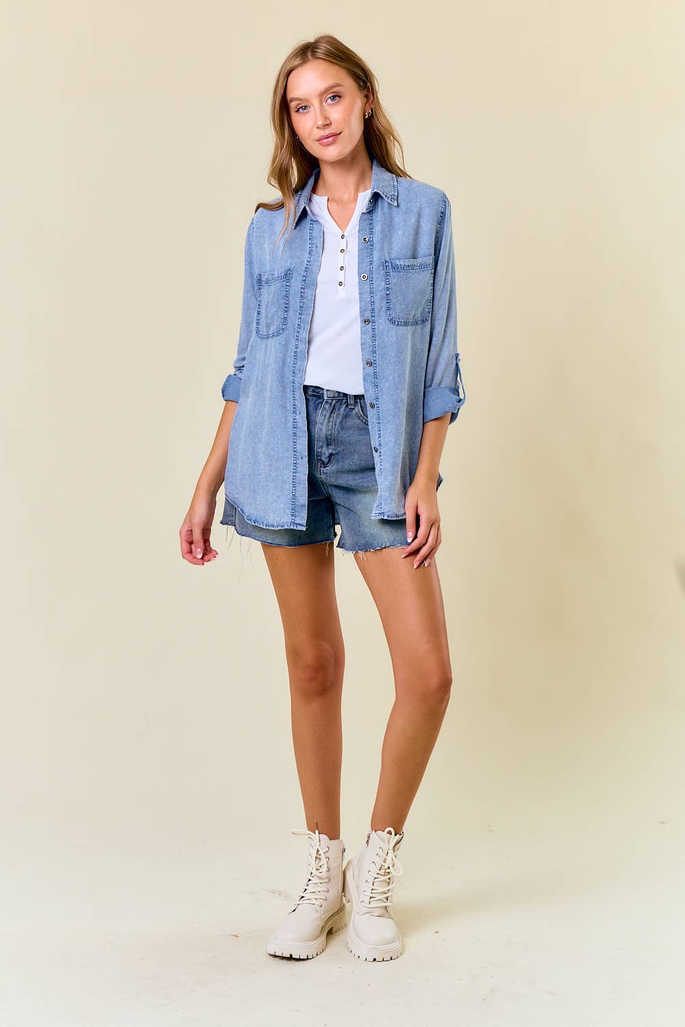 Light Wash Chambray Shirt, Feathered Farmhouse
