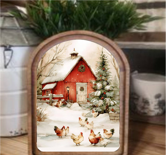 Cozy Christmas Chickens Framed Arch Top, Feathered Farmhouse