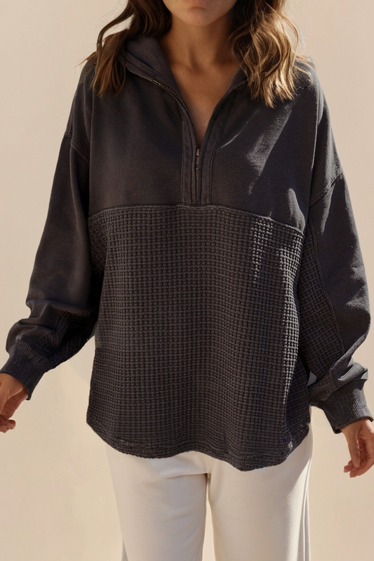 Western Waffle Knit Patchwork Half Zipped Casual Sweatshirt, Feathered Farmhouse