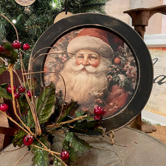Round Holly Jolly Santa Framed Canvas, Feathered Farmhouse