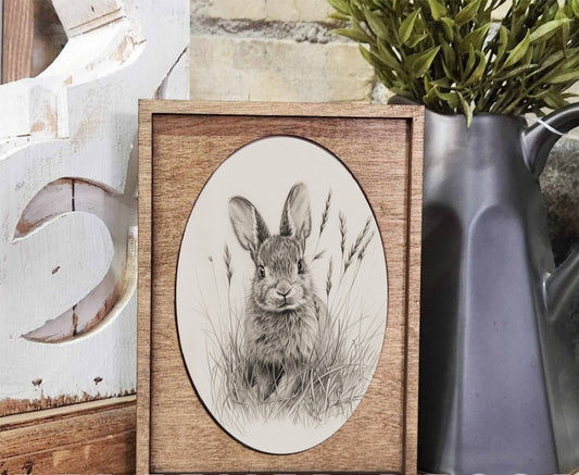 Framed Bunny Sketch Mini Art, Feathered Farmhouse