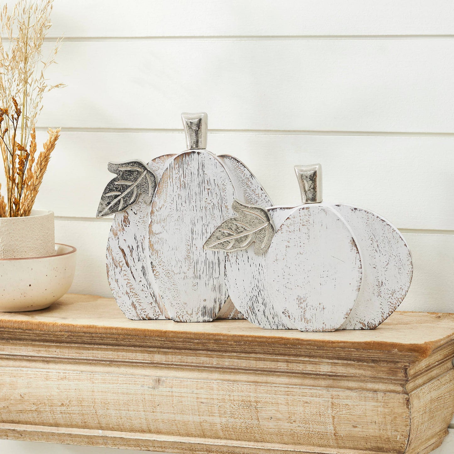 Whitewashed Wood Pumpkin, Feathered Farmhouse