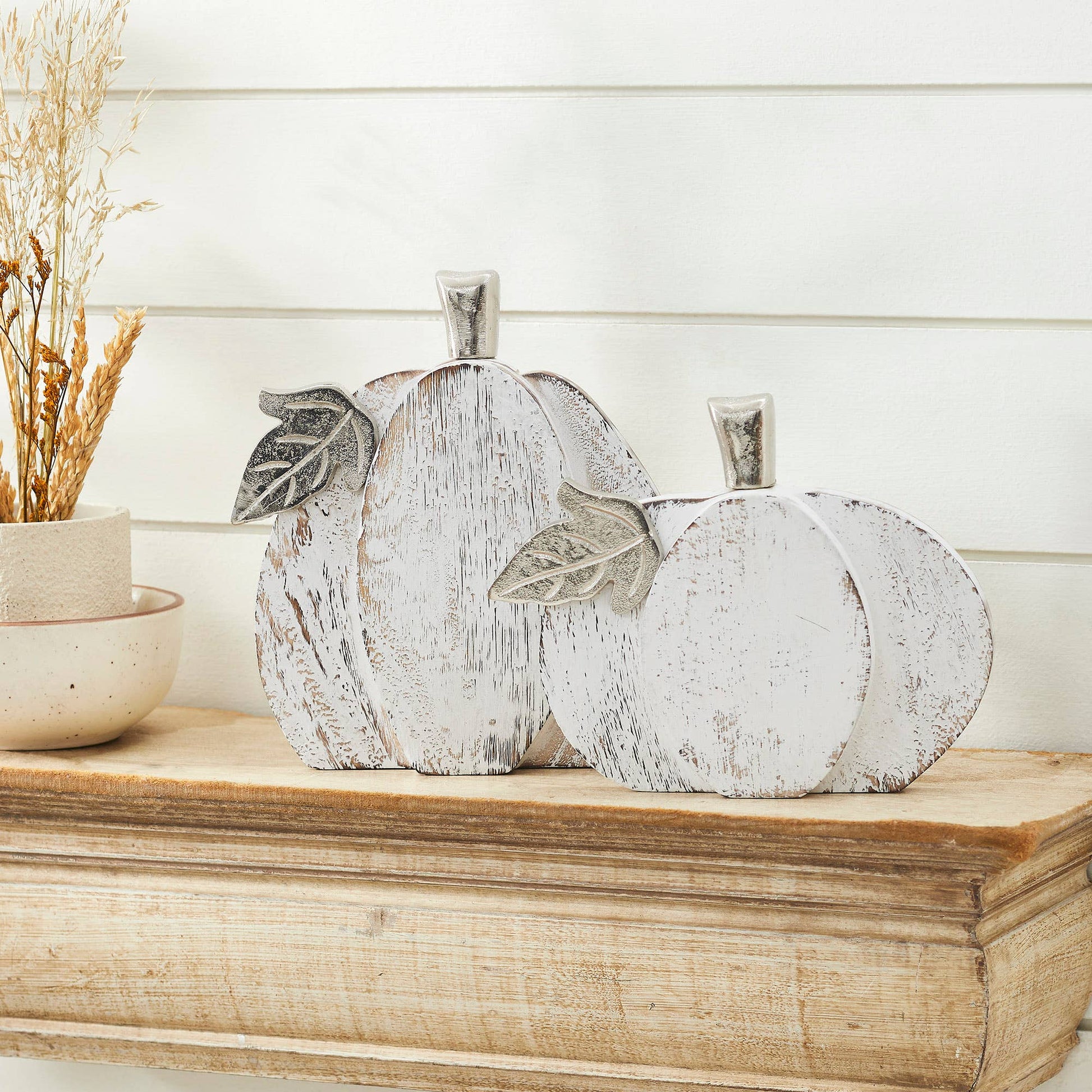 Whitewashed Wood Pumpkin, Feathered Farmhouse