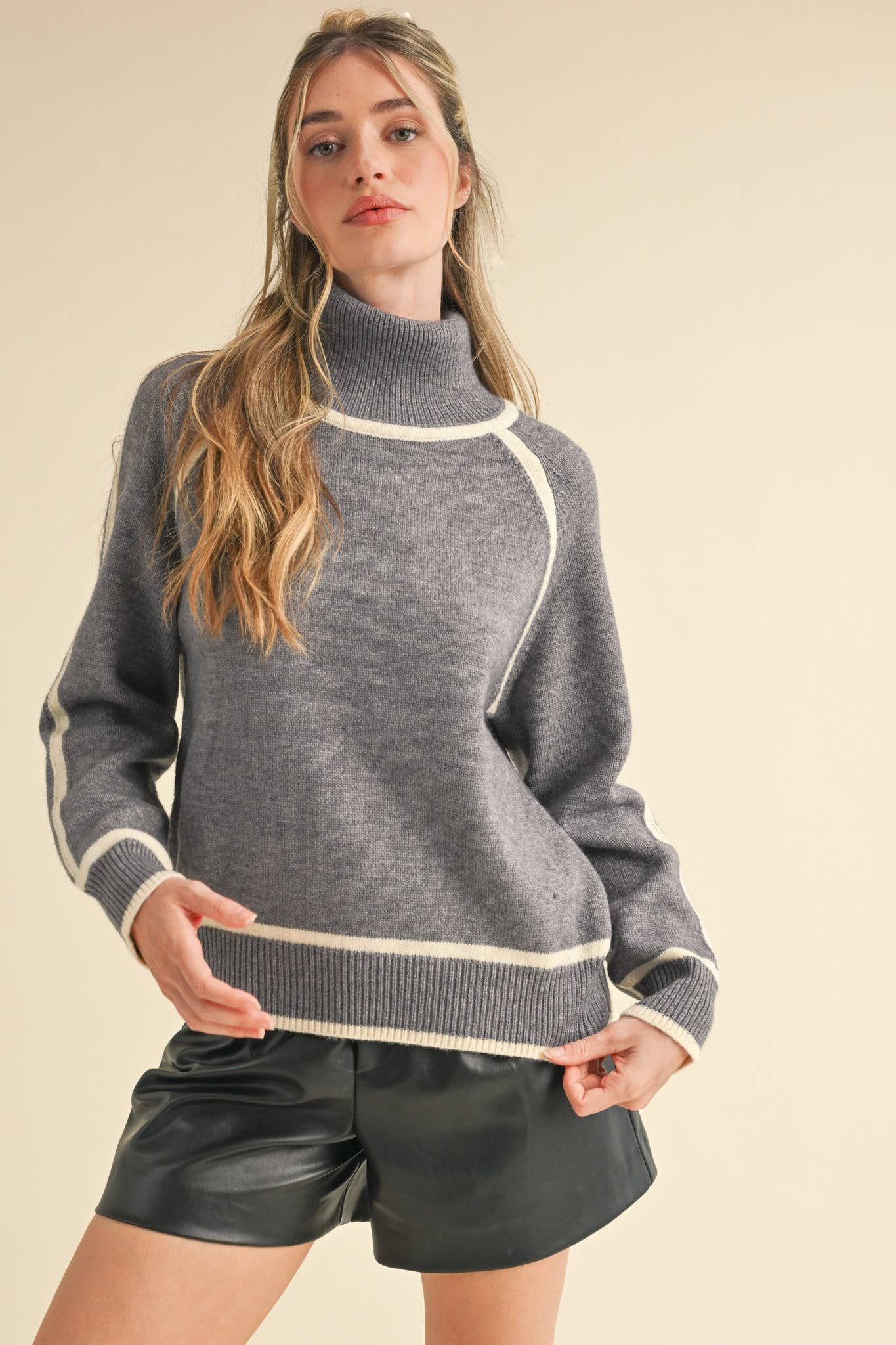 Contrast Trim Turtleneck Sweater, Feathered Farmhouse