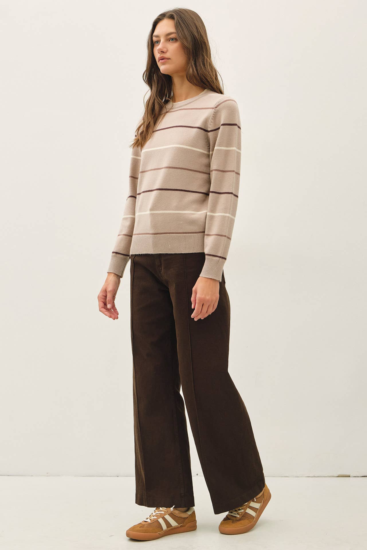 Double Layered Look Stripe Sweater, Feathered Farmhouse