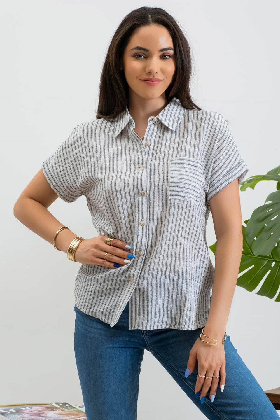 Black Stripe Collared Shirt, Feathered Farmhouse