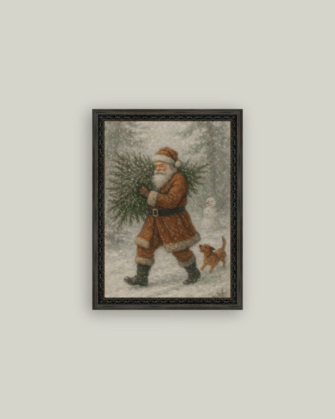 Santa with Tree Framed Antique Art, Feathered Farmhouse