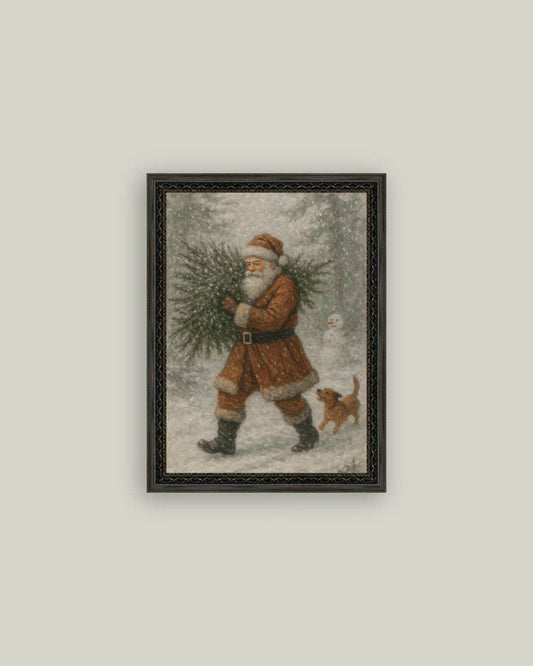 Santa with Tree Framed Antique Art, Feathered Farmhouse