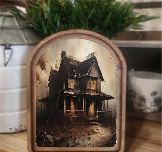 Halloween Haunted House Framed Art Arch Top, Feathered Farmhouse