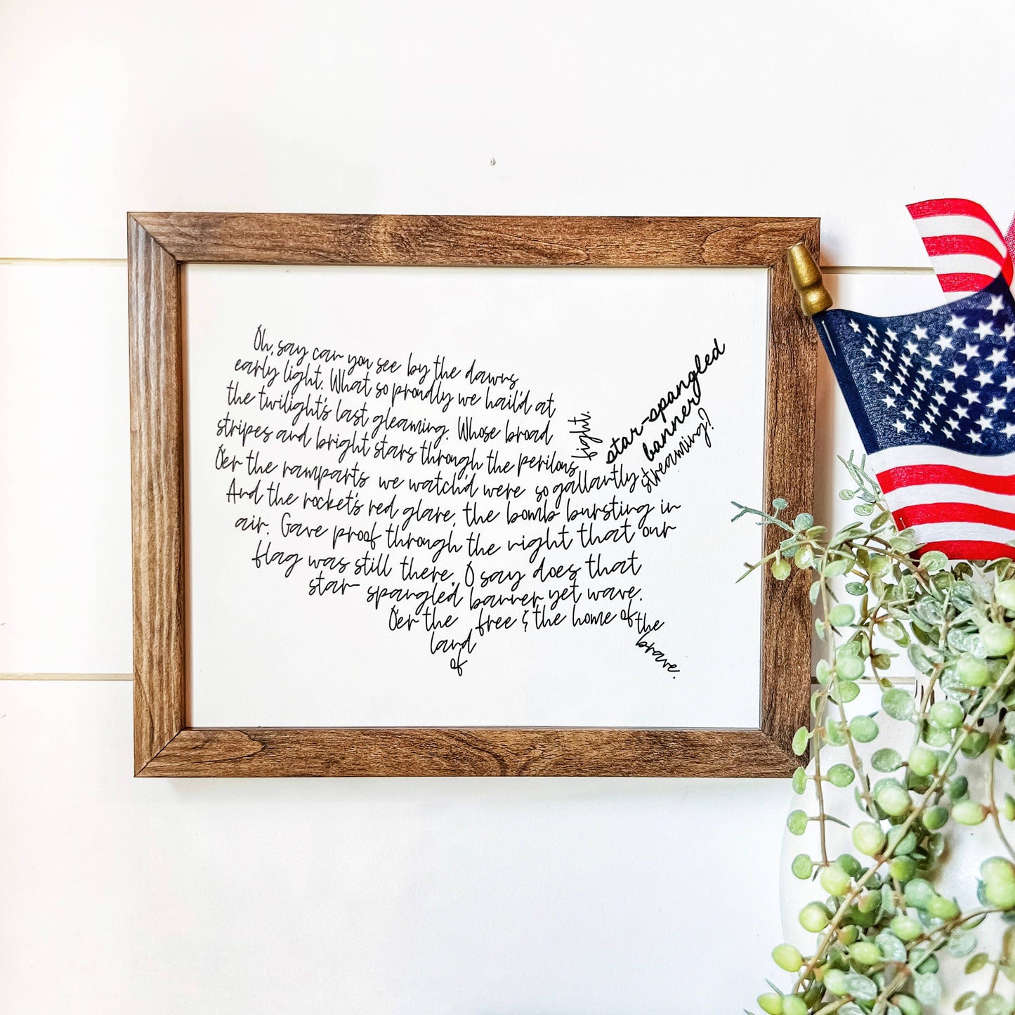 US Shaped Star Spangled Banner Wood Sign, Feathered Farmhouse