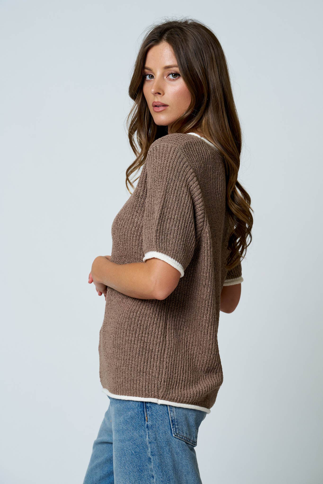 Contrast Trim Puff Sleeve Ribbed Knit Sweater, Feathered Farmhouse