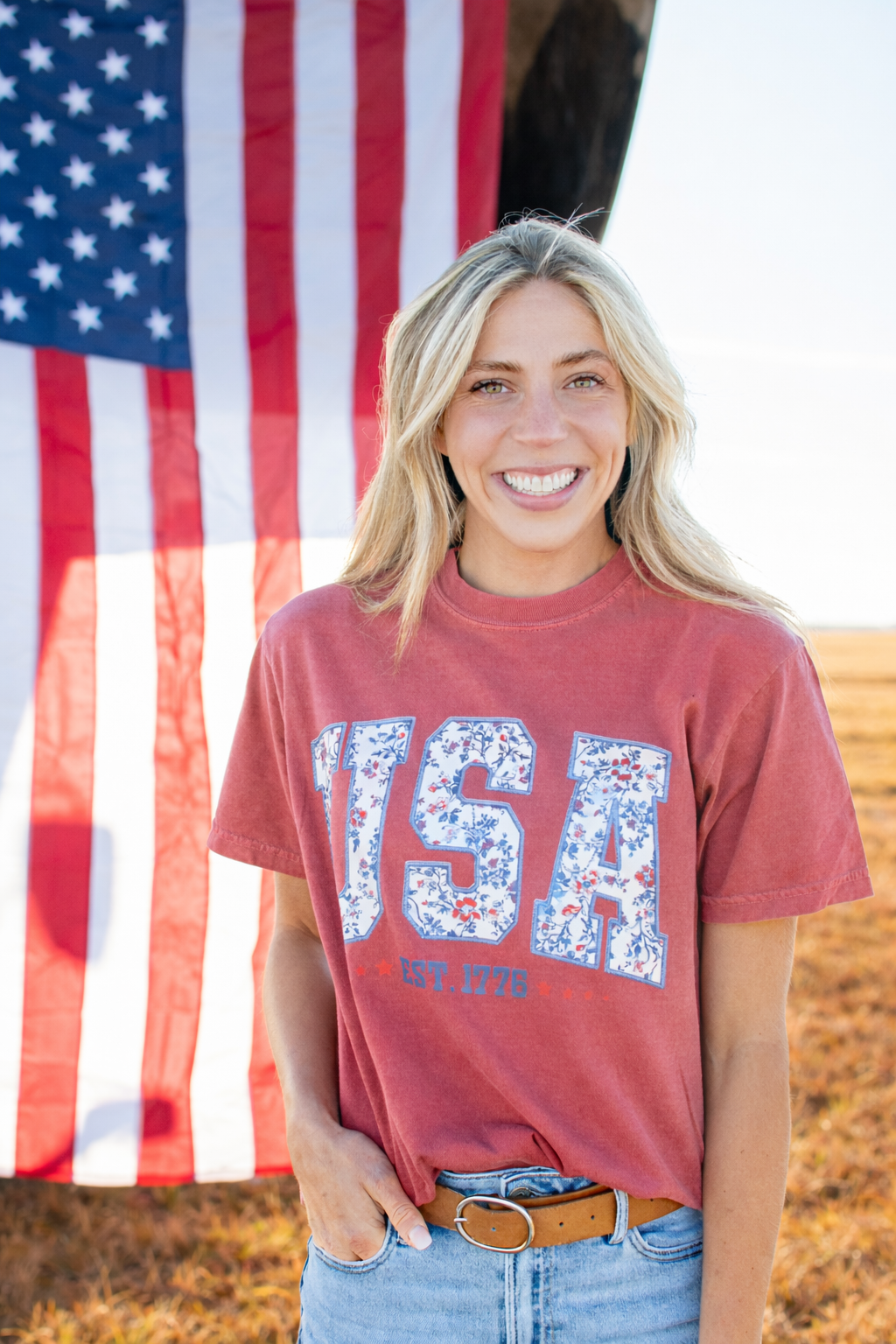 Westen Patriotic Floral 'USA' Washed Red Graphic Tee, Feathered Farmhouse
