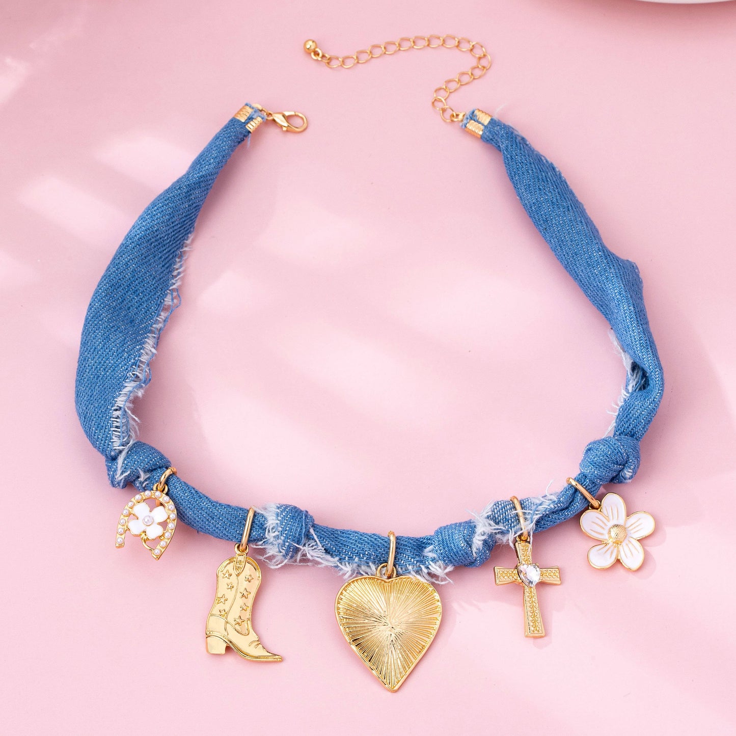 Western Denim Cowboy Boot & Cross Charm Necklace, Feathered Farmhouse