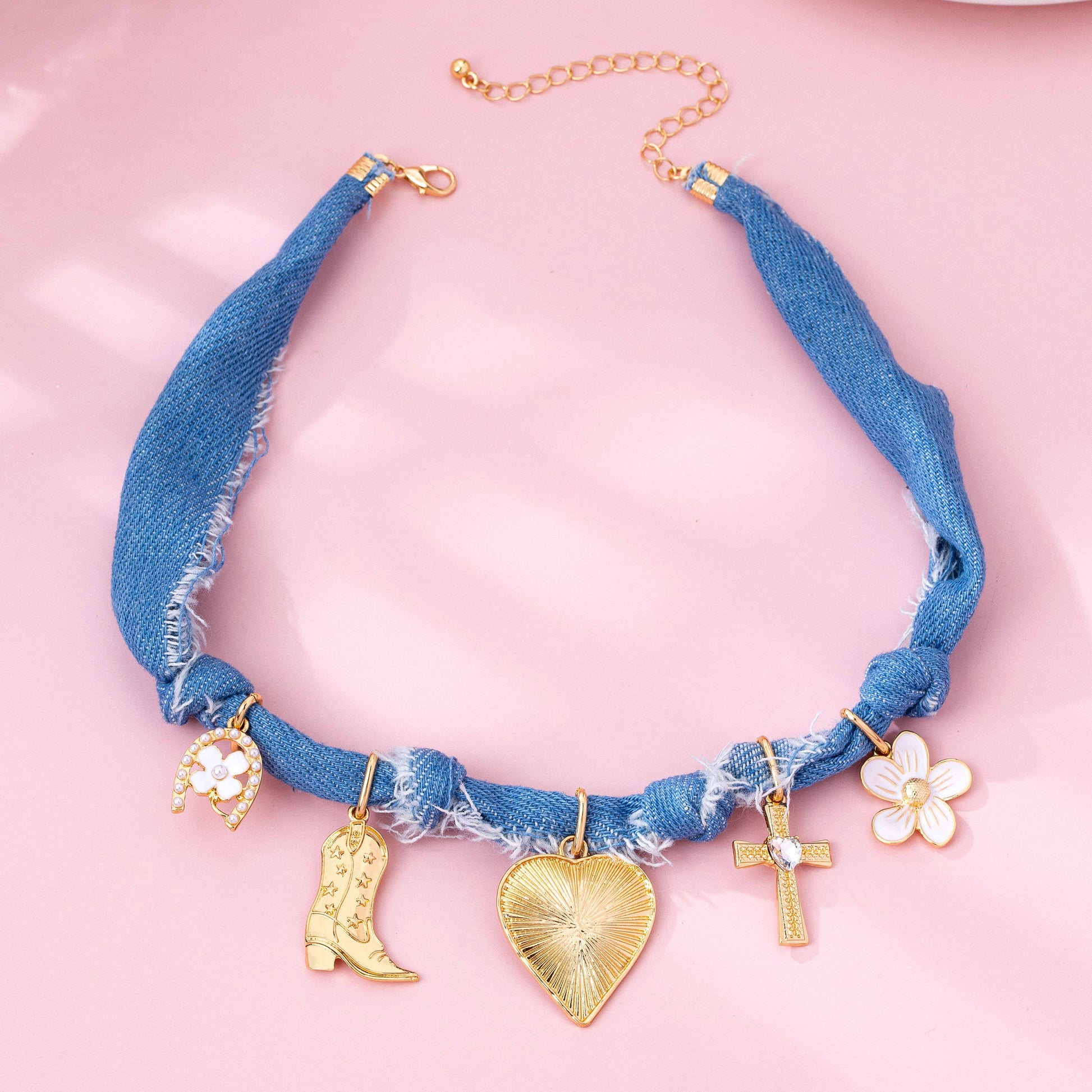 Western Denim Cowboy Boot & Cross Charm Necklace, Feathered Farmhouse