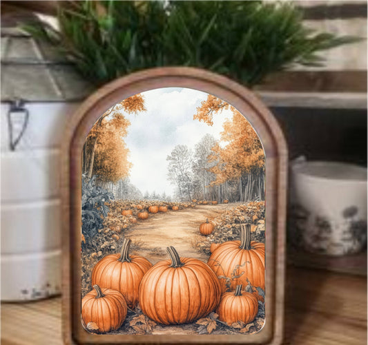 Pumpkin Path Framed Art Arch Top, Feathered Farmhouse