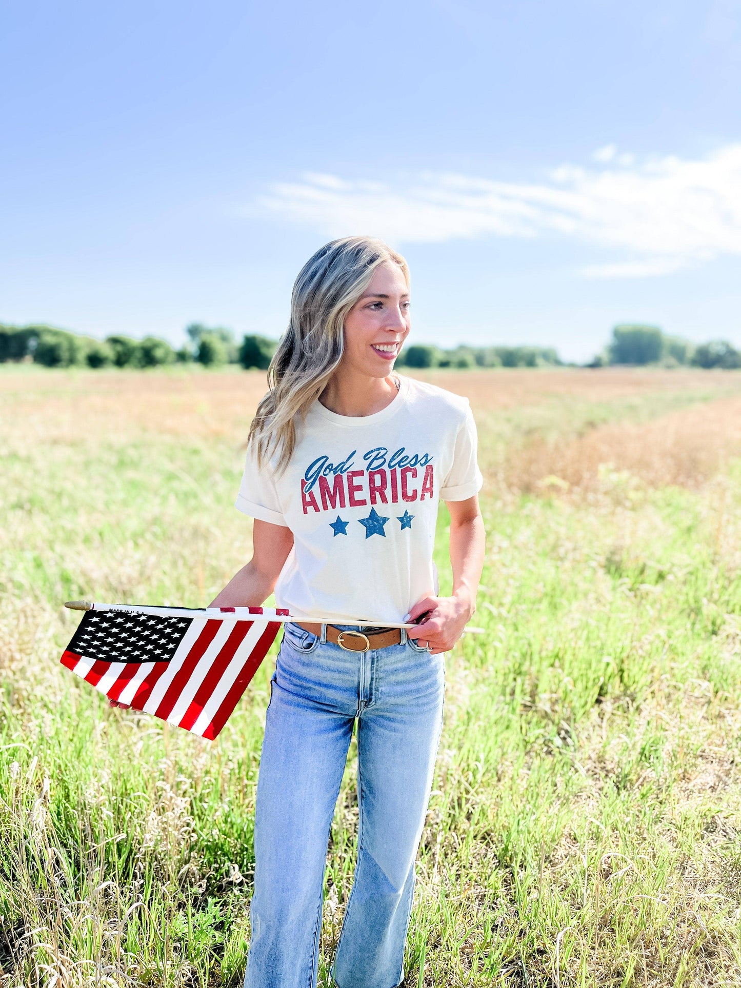Patriotic 'God Bless America' Ivory Graphic Tee, Feathered Farmhouse