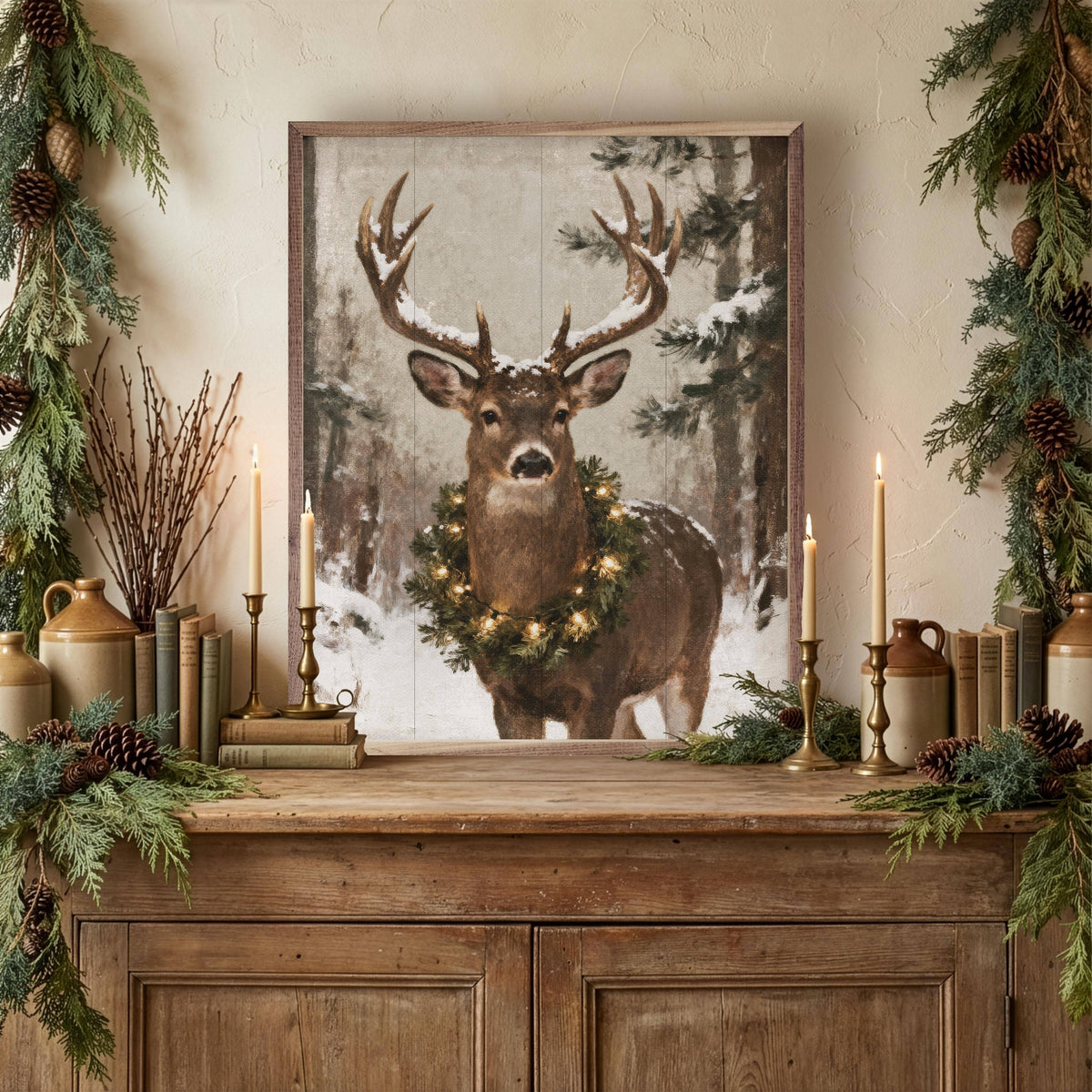 Whitetail Holiday Deer Portrait, Feathered Farmhouse
