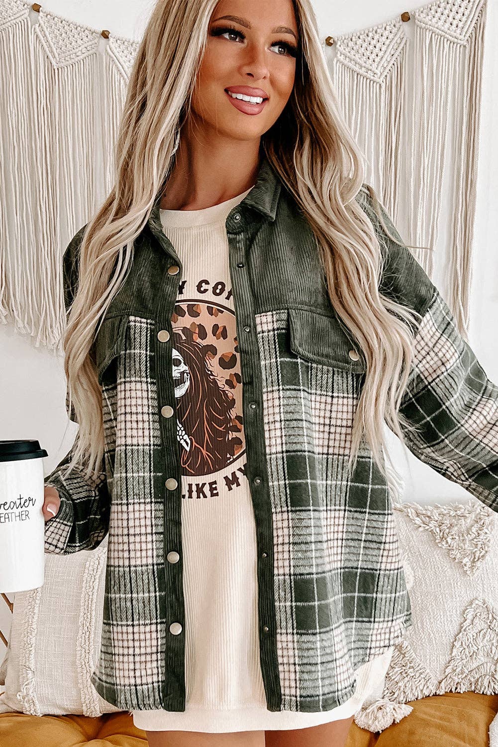 Blackish Green Snap Buttons Colorblock Plaid Shacket, Feathered Farmhouse