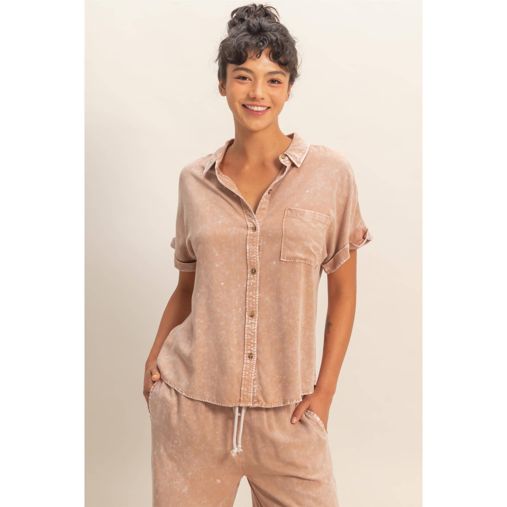 Mineral Wash Button-Up Dolman Sleeve Shirt, Feathered Farmhouse