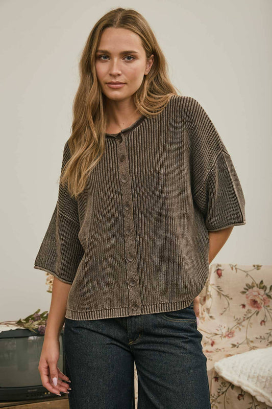 Brown Ribbed Rolled Edge Cardigan, Feathered Farmhouse