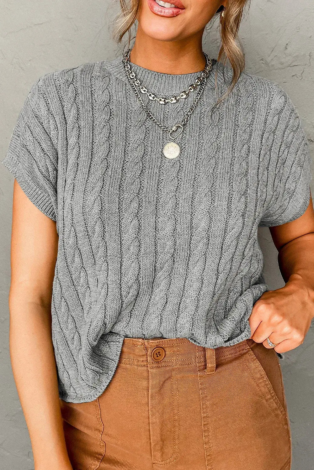 Crew Neck Cable Knit Short Sleeve Sweater, Feathered Farmhouse