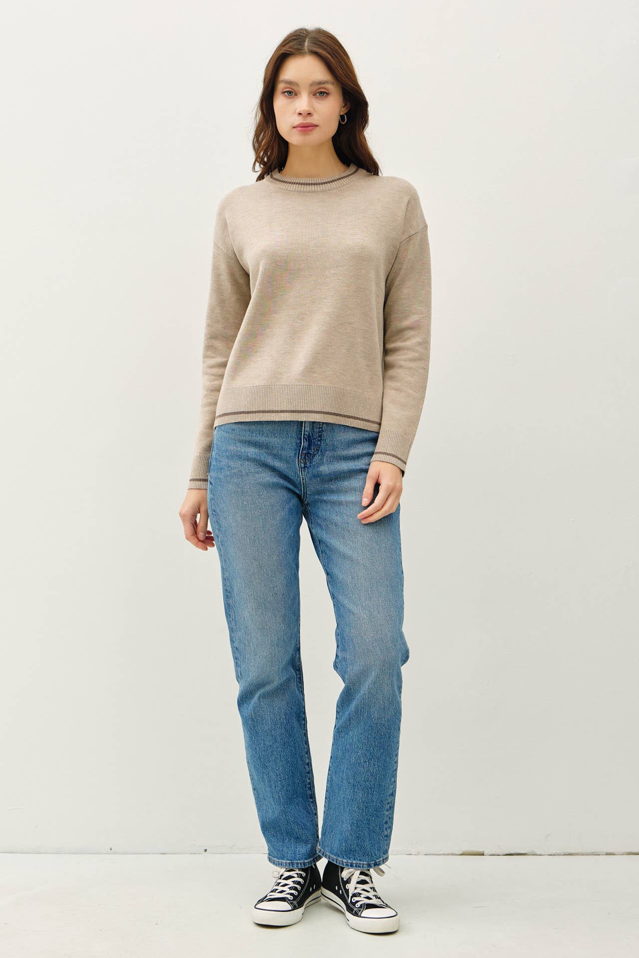 Crew Neck Sweater with Single Stripe, Feathered Farmhouse