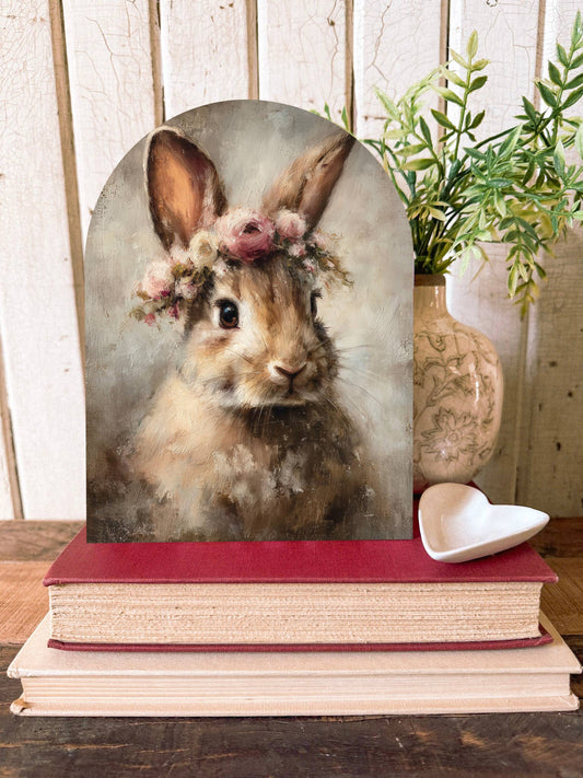 Flower Crown Rabbit Arched Wood Sign Shelf Sitter, Feathered Farmhouse