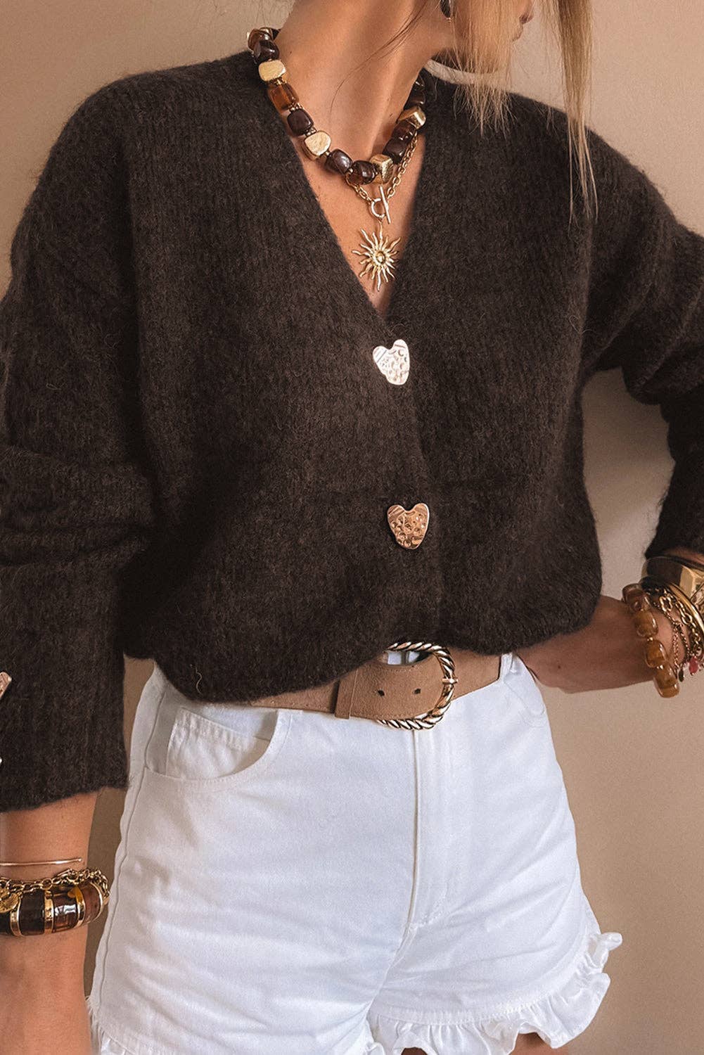 Heart Metal Button V Neck Cardigan Sweater, Feathered Farmhouse