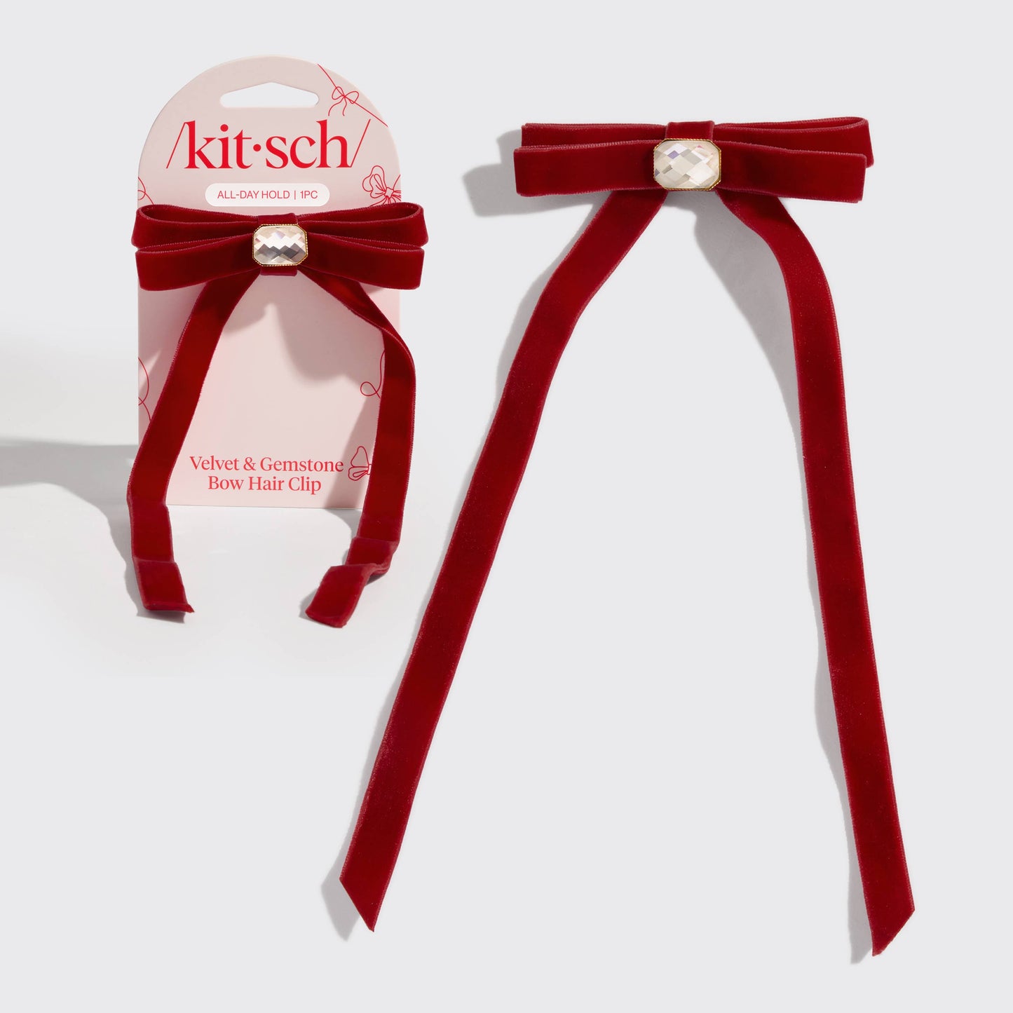 Holiday Velvet & Gemstone Bow Hair Clip, Feathered Farmhouse