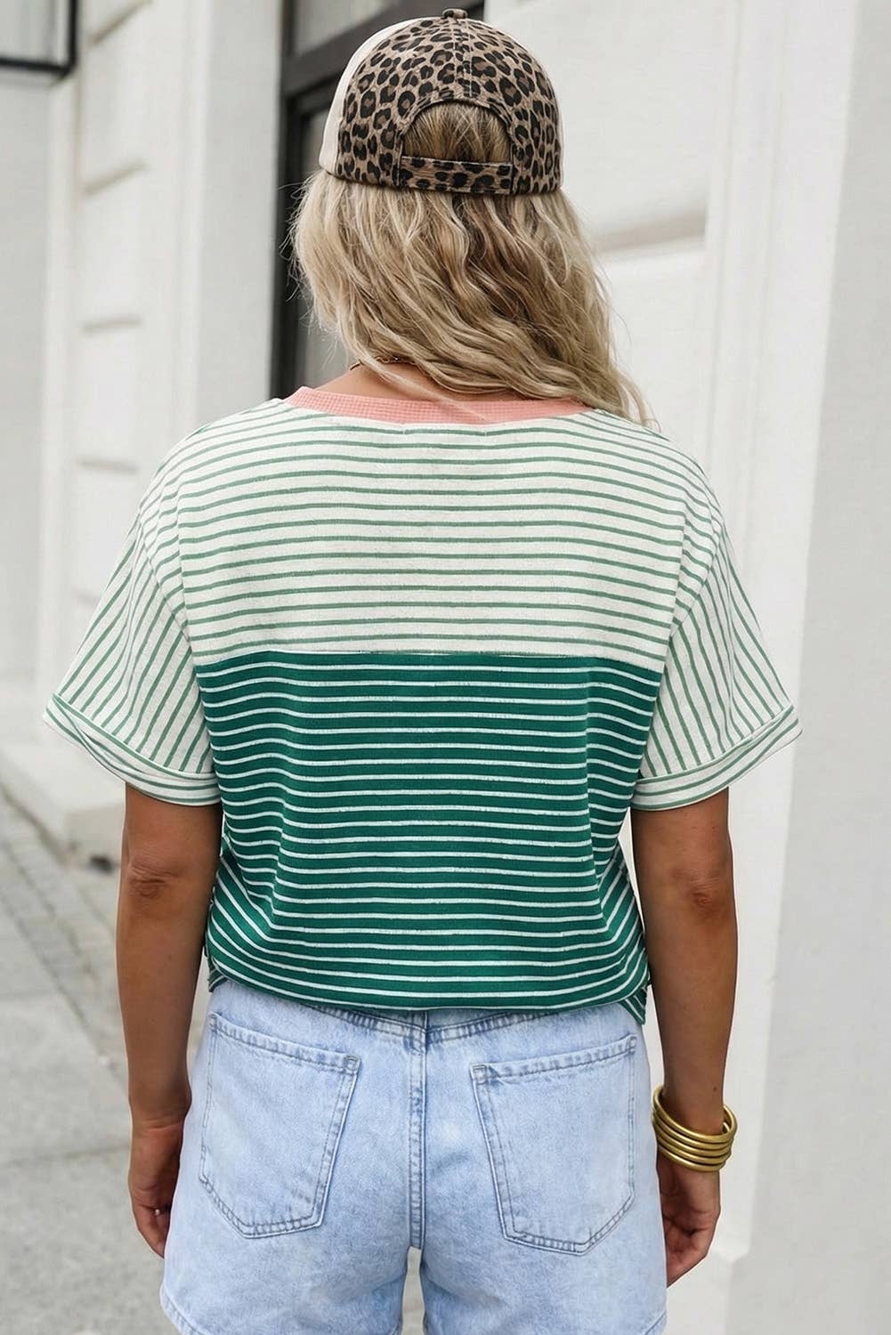 Striped Print Color Block Detail Relaxed Tee, Feathered Farmhouse