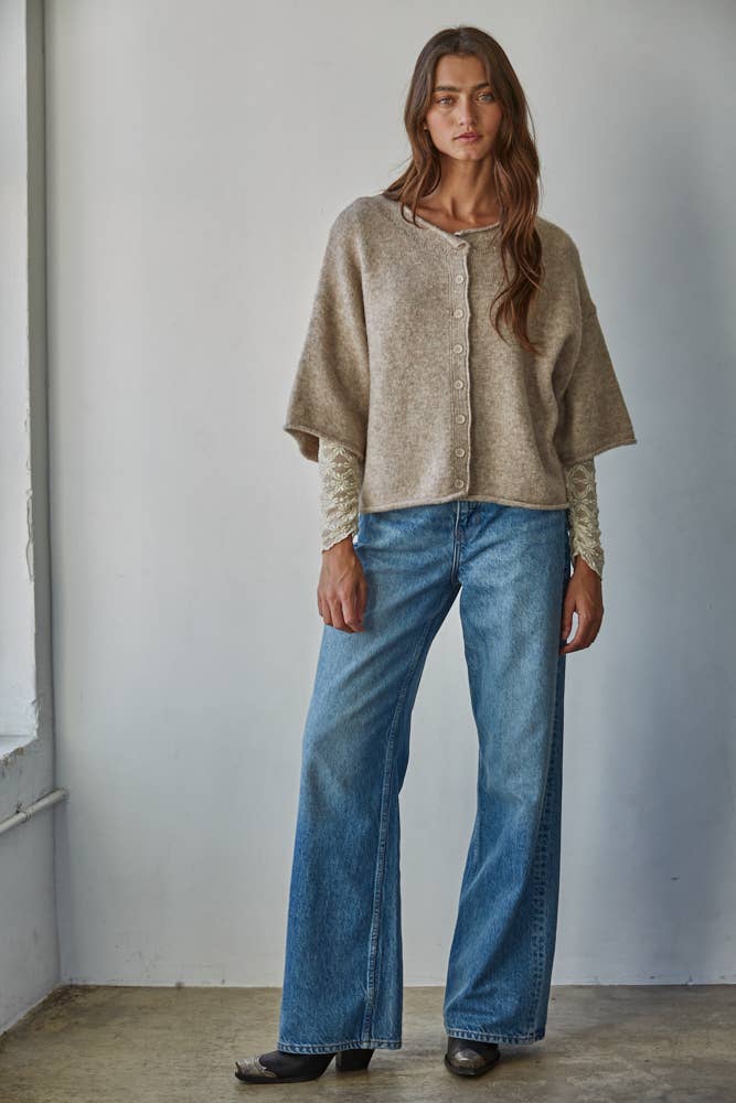 Quarter Sleeve Button Up Cardigan, Feathered Farmhouse